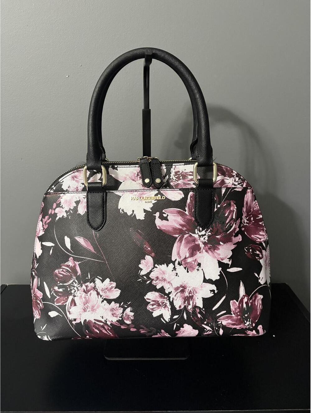 Karl Lagerfeld Paris Saffiano Floral Dome Satchel Handbag - Black & Pink